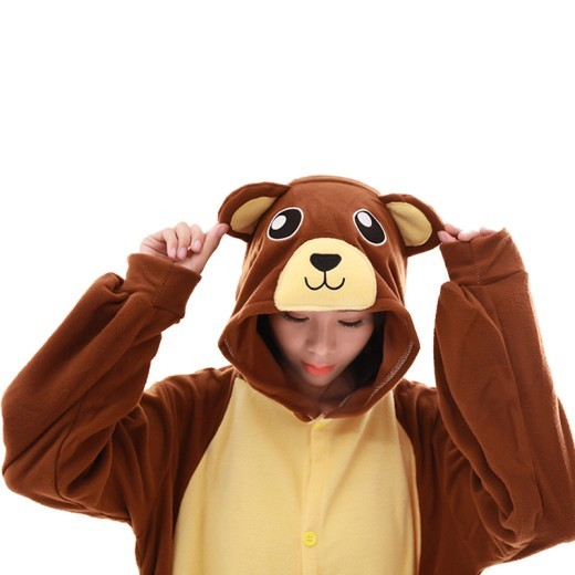 Pijama de una pieza con capucha de manga larga de forro polar y dibujos animados de animales, ropa para parejas con capucha de oso marrón