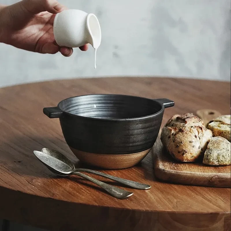 Cuenco de ánfora de gres japonés, vajilla de cerámica vintage