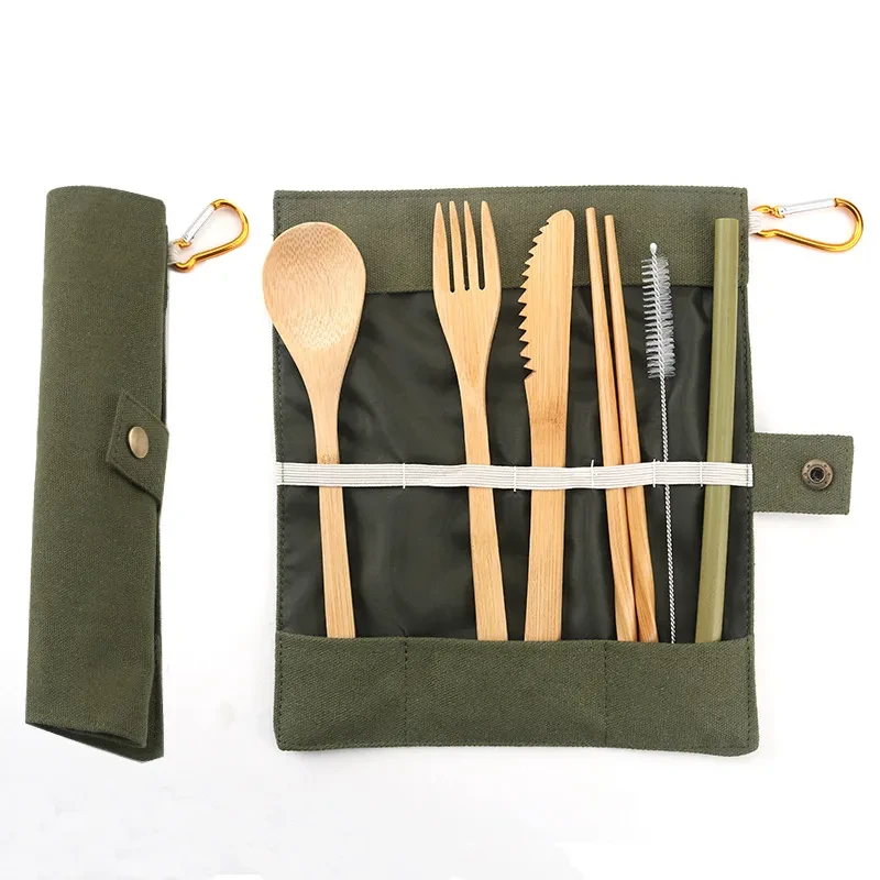 Juego de bolsa de cubiertos portátil de bambú
