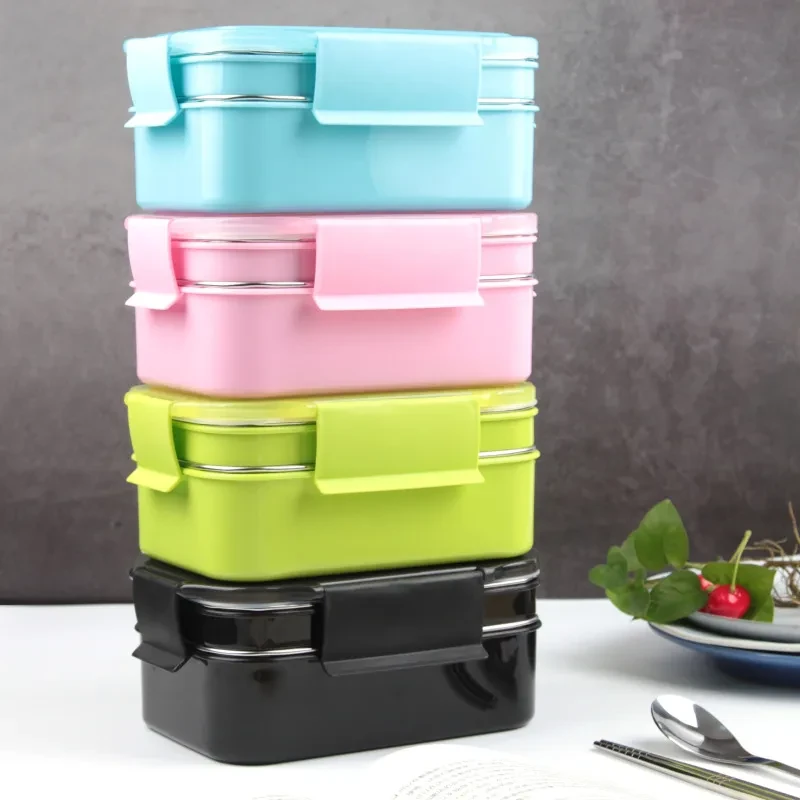 Lonchera ONEUP de acero inoxidable 304 para niños, nueva lonchera bento de dos capas para estudiantes, contenedor de comida con vajilla, lonchera de cocina.