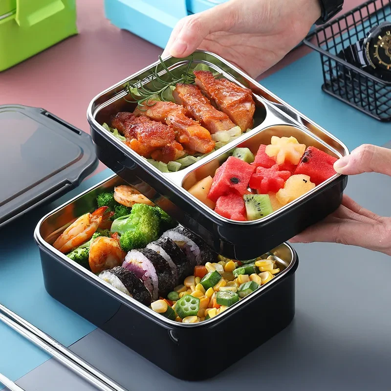 Lonchera ONEUP de acero inoxidable 304 para niños, nueva lonchera bento de dos capas para estudiantes, contenedor de comida con vajilla, lonchera de cocina.