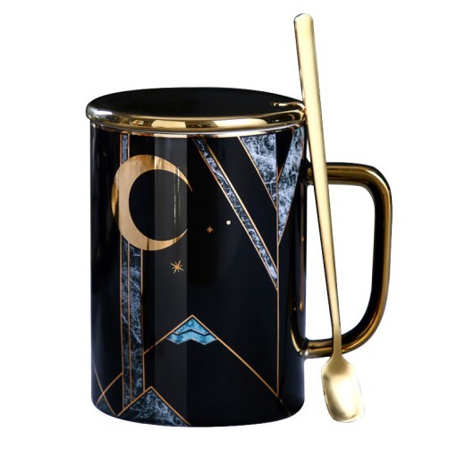 Taza de cerámica de gran capacidad con tapa, taza de café con cuchara, taza para pareja