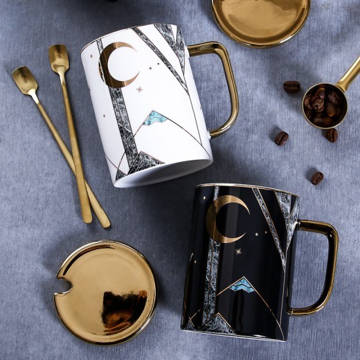 Taza de cerámica de gran capacidad con tapa, taza de café con cuchara, taza para pareja