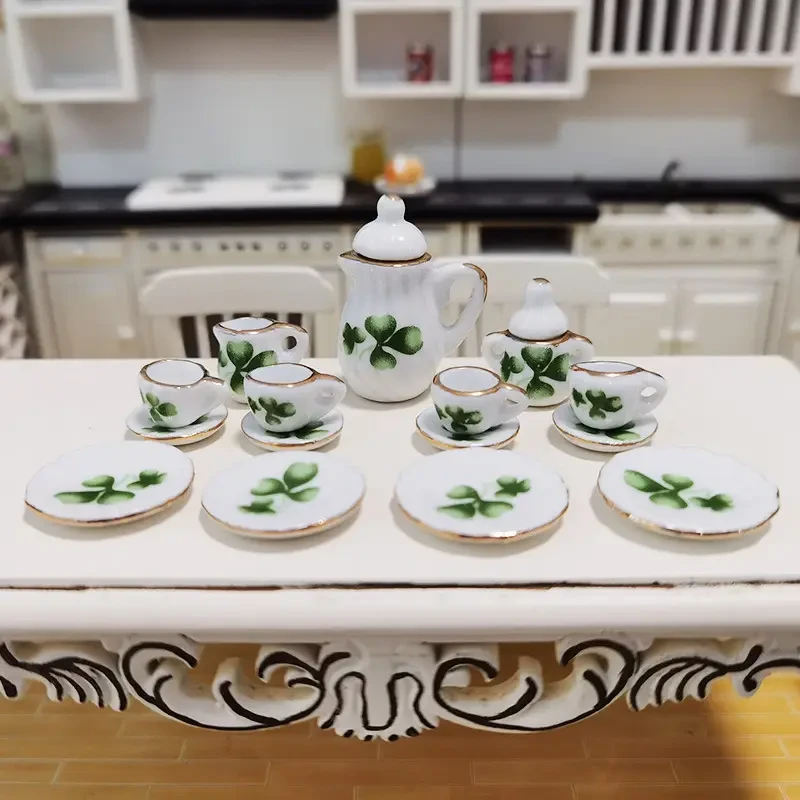 Juego de té de cerámica en miniatura de 15 piezas, accesorios para casa de muñecas