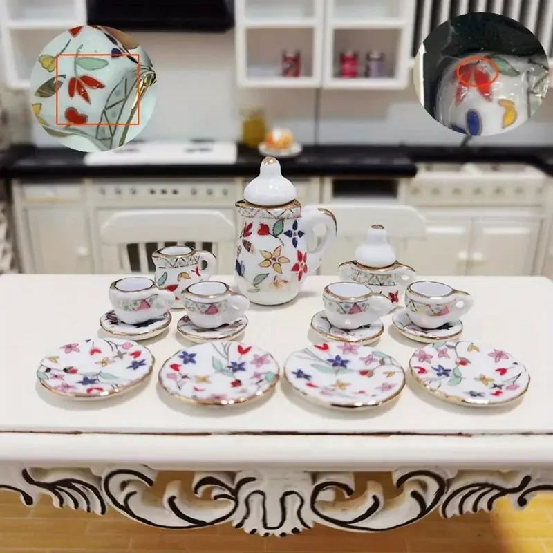 Juego de té de cerámica en miniatura de 15 piezas, accesorios para casa de muñecas