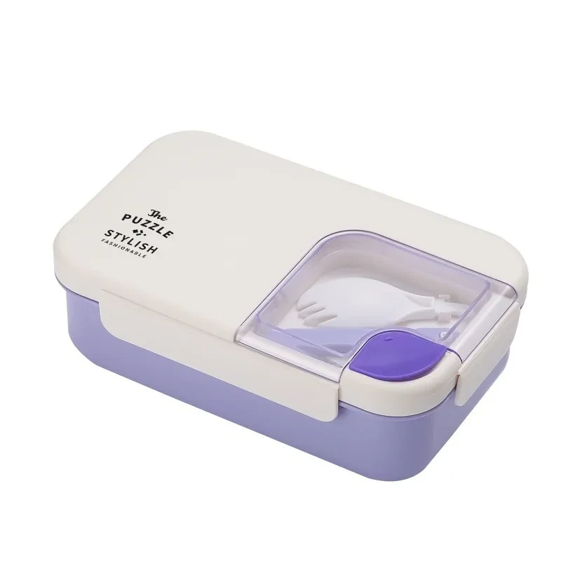 Fiambrera de plástico con compartimentos cuadrados, apta para microondas.