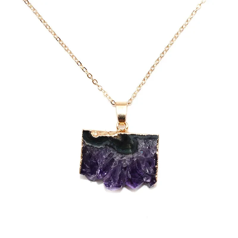 Collar con colgante de amatista natural en forma de racimo, piedra rugosa y rebanada.