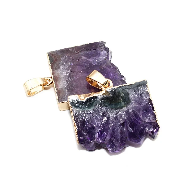 Collar con colgante de amatista natural en forma de racimo, piedra rugosa y rebanada.