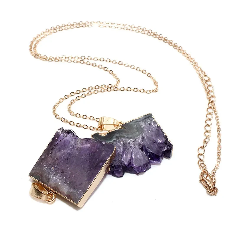 Collar con colgante de amatista natural en forma de racimo, piedra rugosa y rebanada.