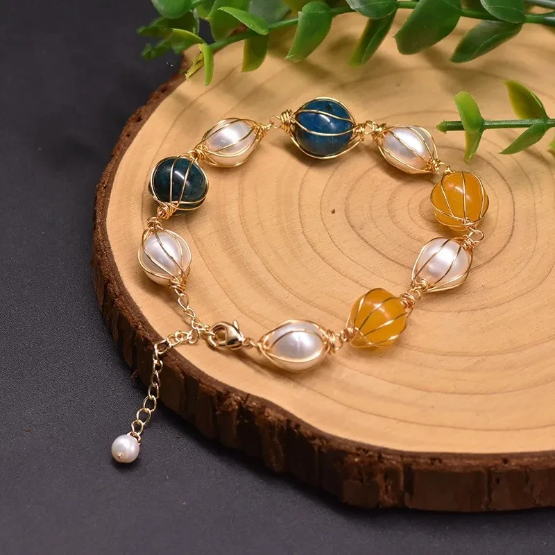 Pulsera de jade amarillo con piedra de cristal azul y perla de agua dulce natural
