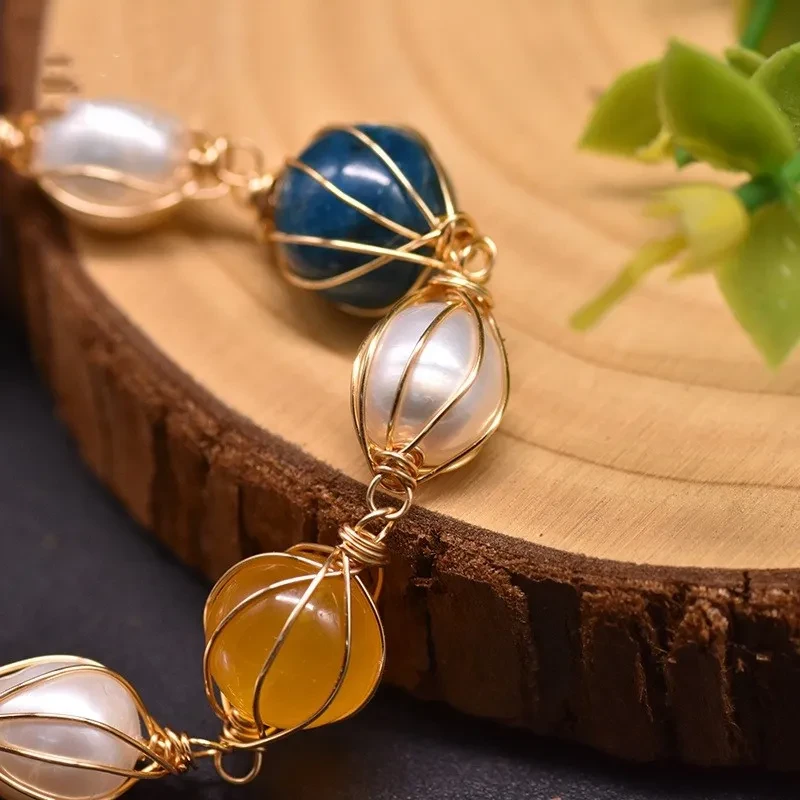 Pulsera de jade amarillo con piedra de cristal azul y perla de agua dulce natural