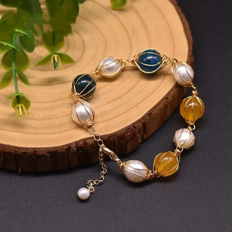 Pulsera de jade amarillo con piedra de cristal azul y perla de agua dulce natural