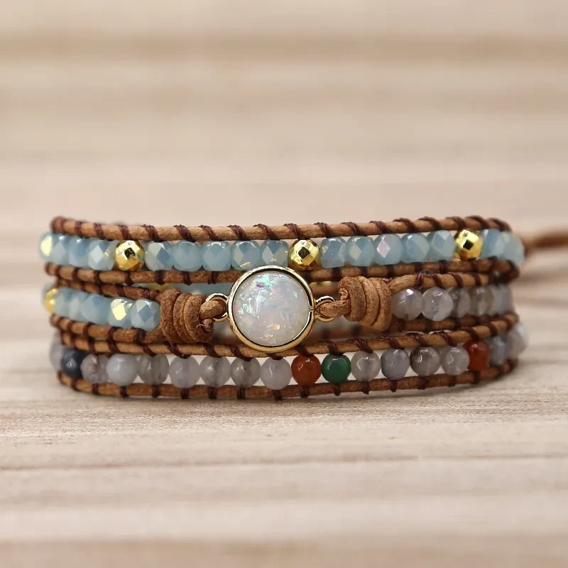 Pulsera Opel Europea y Europea de Piedra Natural Trenzada Pura