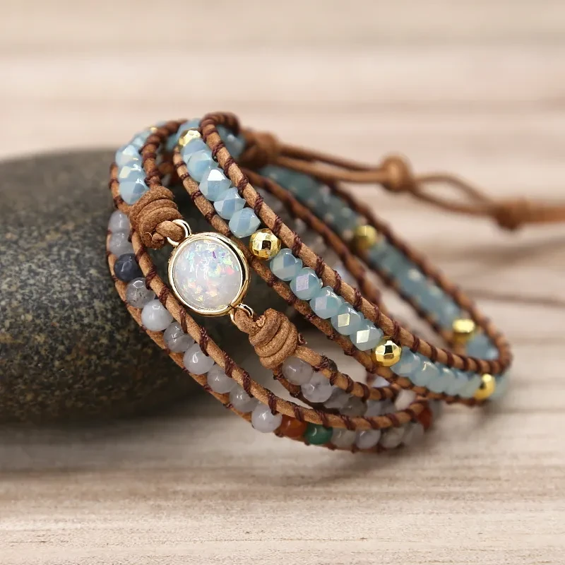 Pulsera Opel Europea y Europea de Piedra Natural Trenzada Pura