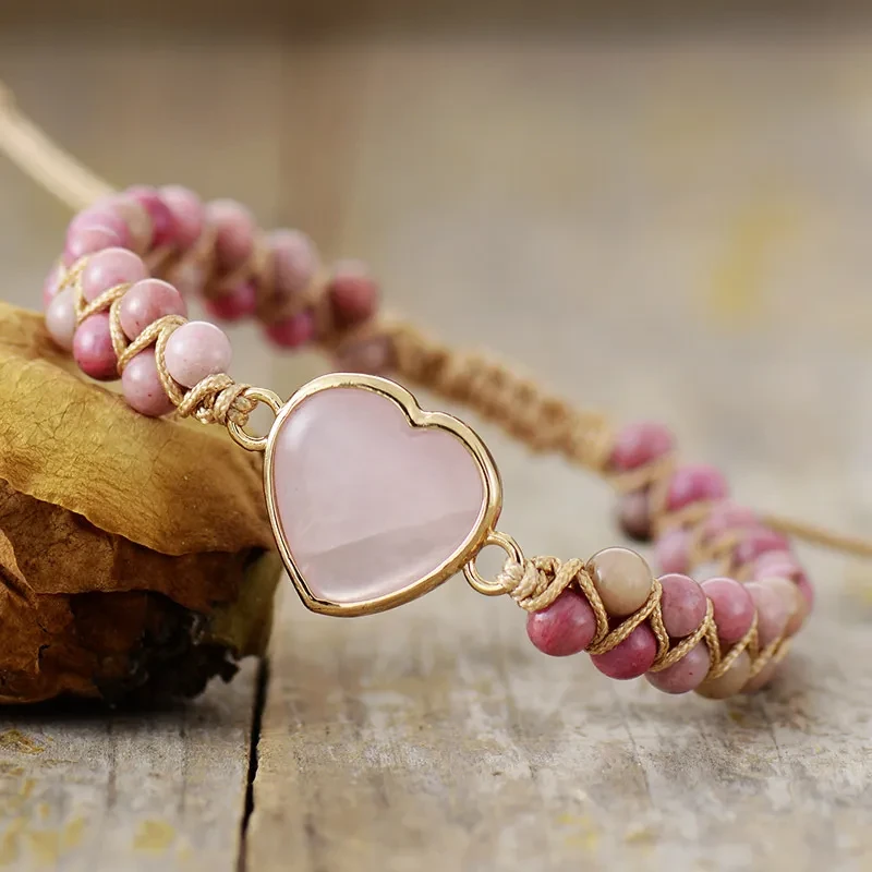 Pulsera tejida a mano con doble piedra natural y cordones ajustables