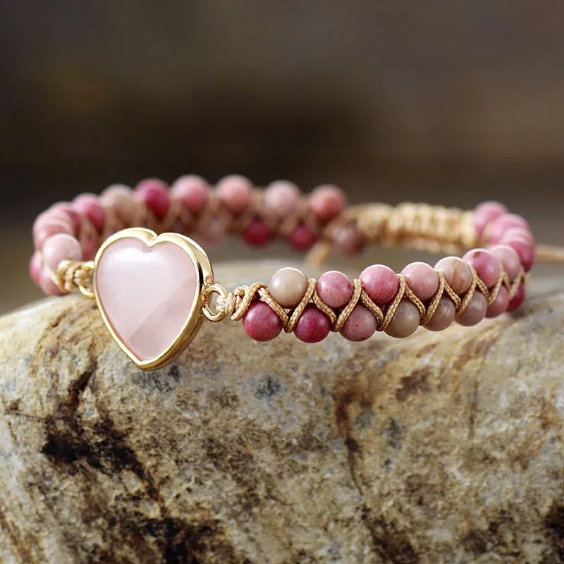 Pulsera tejida a mano con doble piedra natural y cordones ajustables