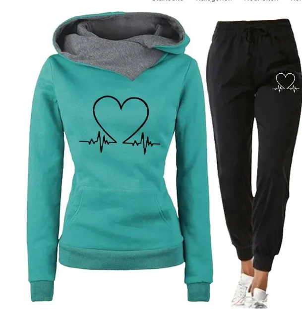 Traje deportivo con estampado de corazones y sudadera con capucha y pantalones con cordón, ropa informal de moda para mujer