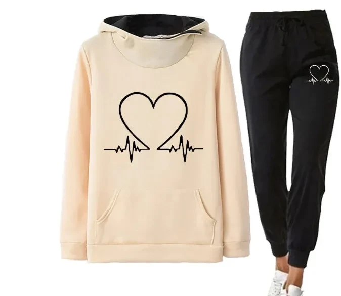 Traje deportivo con estampado de corazones y sudadera con capucha y pantalones con cordón, ropa informal de moda para mujer