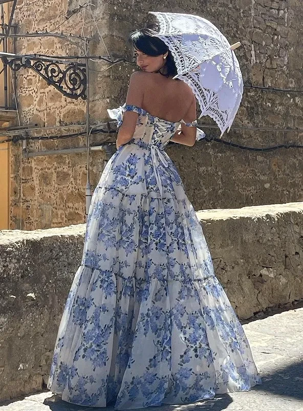 Vestido de noche elegante de hada de organza con hombros descubiertos
