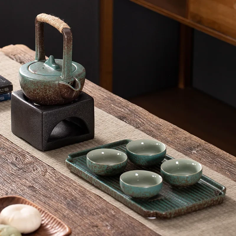 Juego de té japonés de kung-fu de gres, una tetera, cuatro tazas con bandeja para té seco, tetera, caja de regalo para té caliente