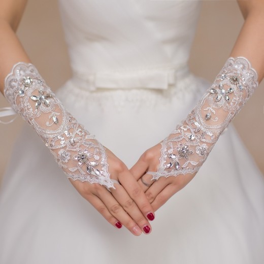Nuevos guantes de novia de encaje con costura de diamantes, accesorios de boda cortos