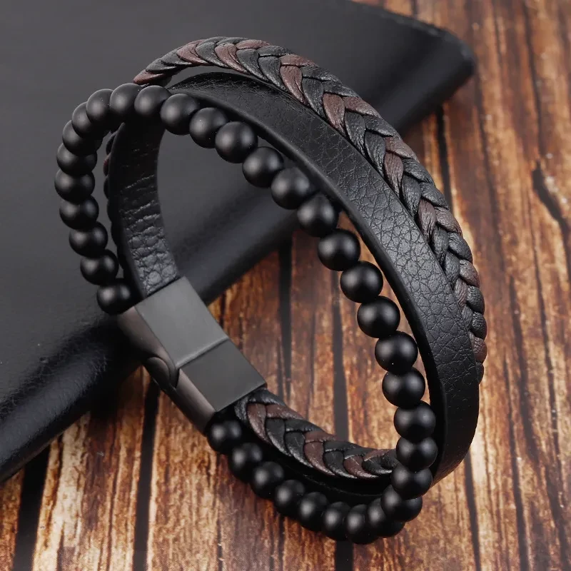 Pulsera de cuero con piedra volcánica natural