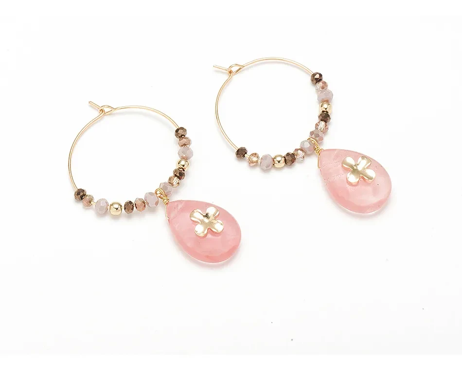 Pendientes de aro de piedra natural para mujer con piedra rosa en forma de gota de agua.