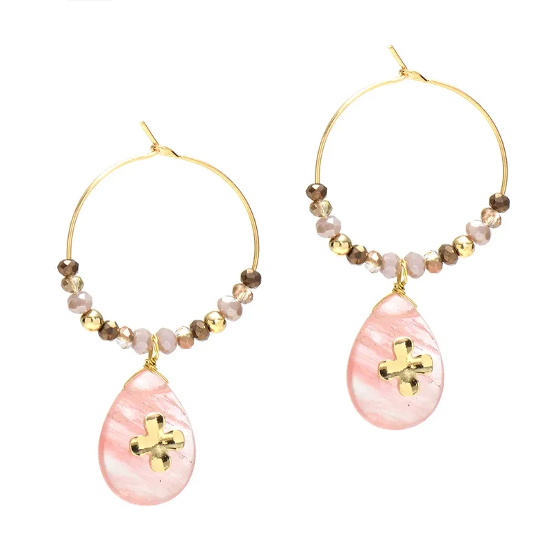 Pendientes de aro de piedra natural para mujer con piedra rosa en forma de gota de agua.