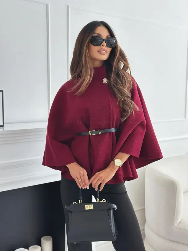 Nueva capa con cuello alto y mangas de murciélago con cinturón, chaqueta de moda, suéter de lana, ropa exterior para mujer.