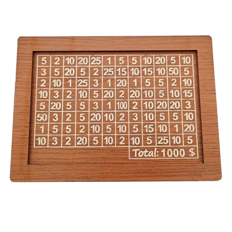 Hucha de madera reutilizable con objetivo de ahorro y números para consultar. Favorece el hábito del ahorro.