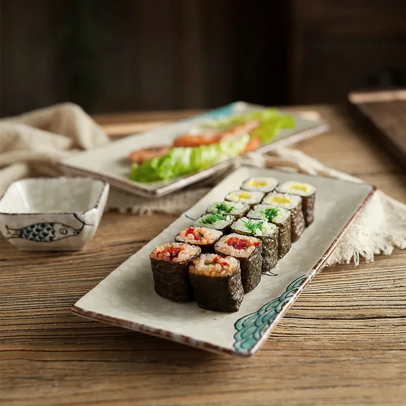 Plato rectangular de cerámica para cocinar sushi con vajilla creativa bajo cubierta