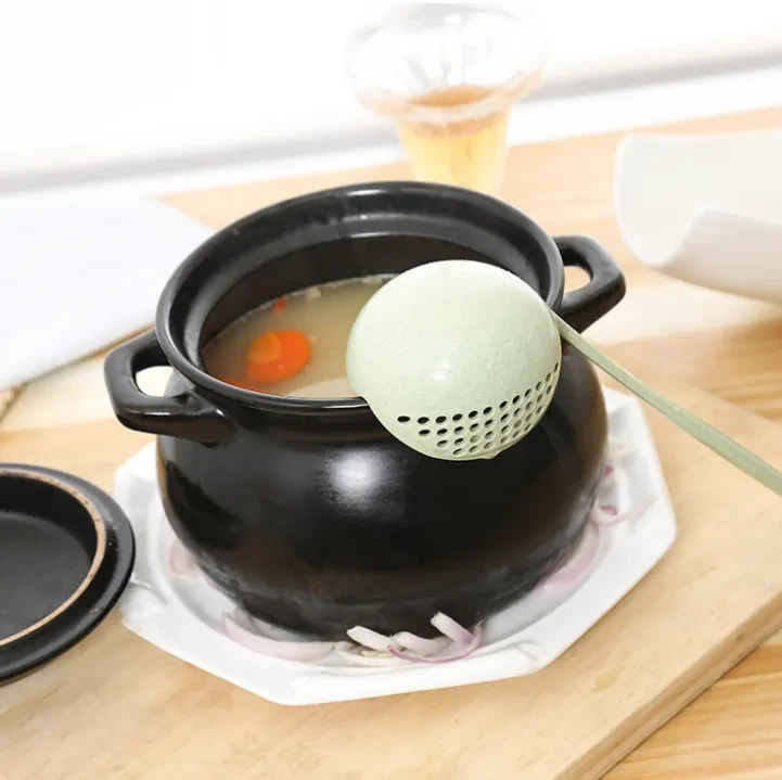 Colador con cuchara sopera de doble uso con mango largo de paja de trigo
