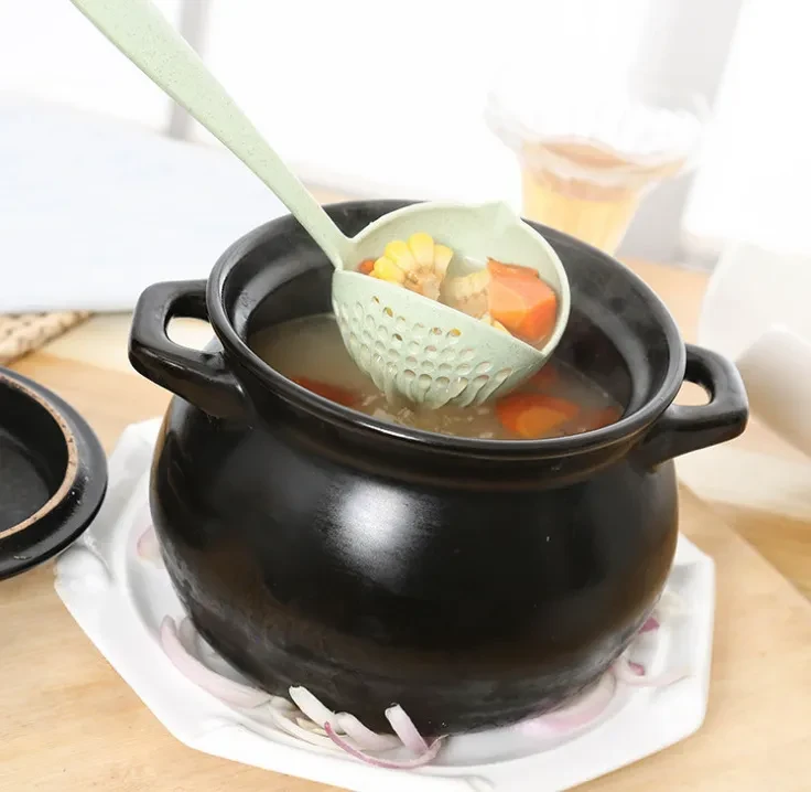 Colador con cuchara sopera de doble uso con mango largo de paja de trigo