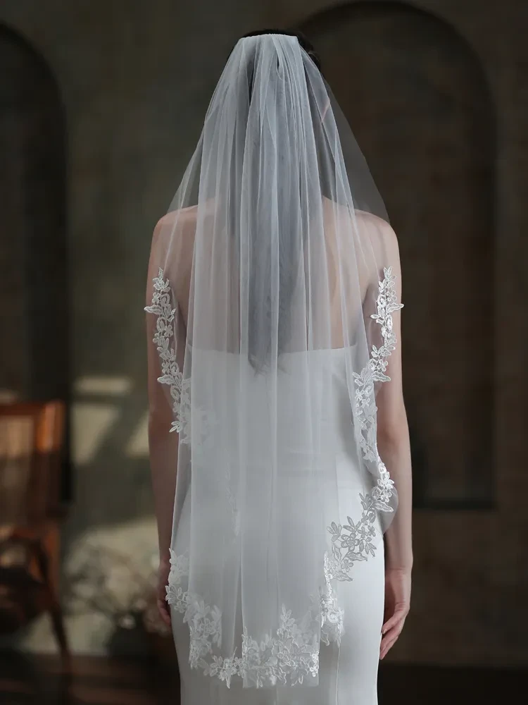 Velo de novia europeo y americano, tocado de encaje blanco de una sola capa para mujer
