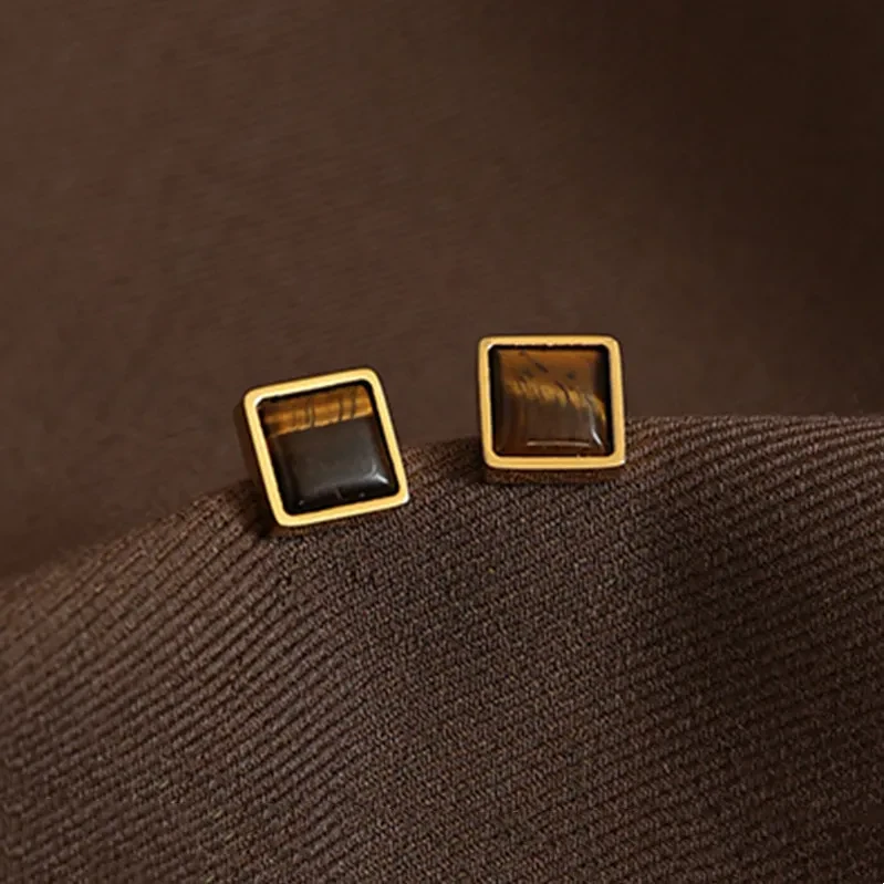 Pendientes de botón de piedra natural minimalistas de moda retro para mujer