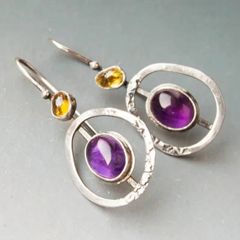 Pendientes vintage de piedra ovalada morada ahuecada