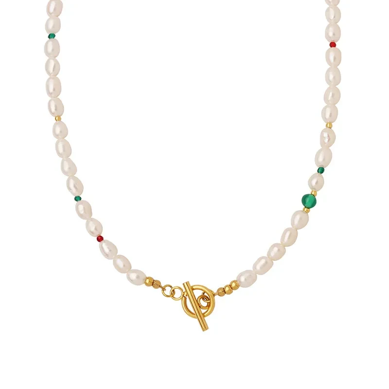 Collar de perlas de agua dulce ensartadas con piedra de vidrio de ágata natural