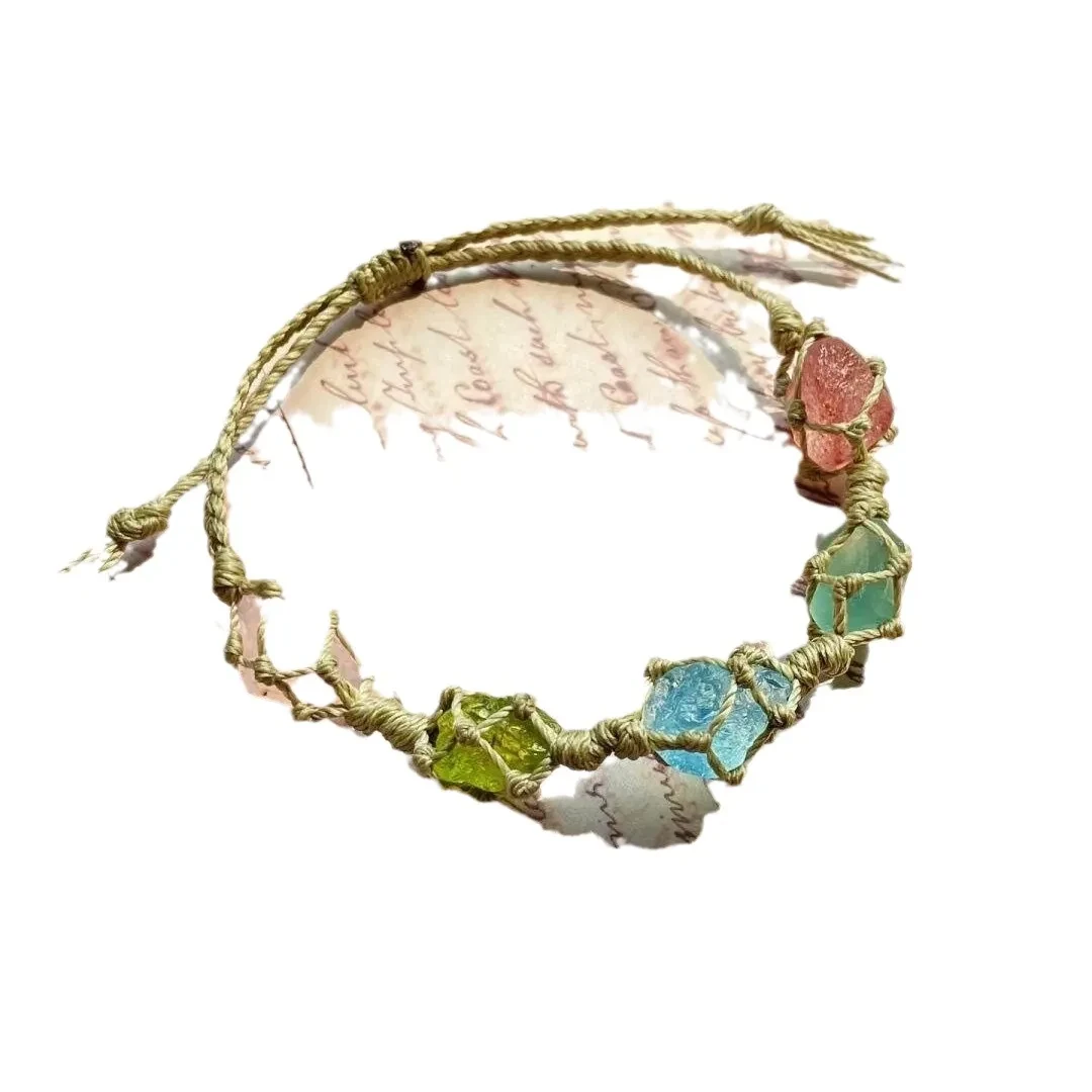 Pulsera de cuerda trenzada con piedras de colores, estilo retro y atractivo.