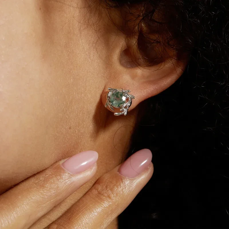 Pendientes de ágata con plantas acuáticas y piedra musgo verde para mujer