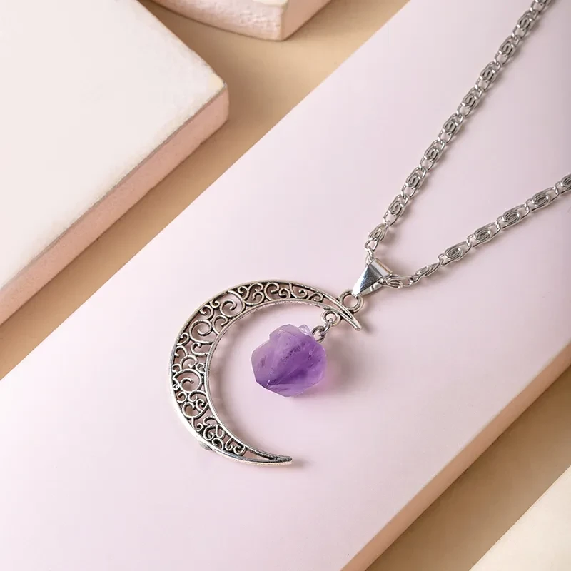 Collares vintage de luna de piedra natural morada para mujer