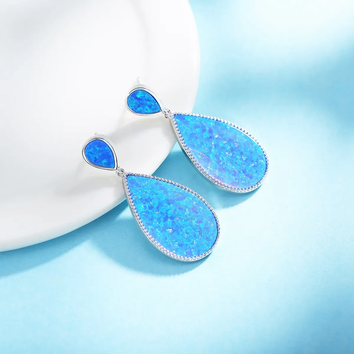 Pendientes de plata de ley con ópalo en forma de gota de piedra grande