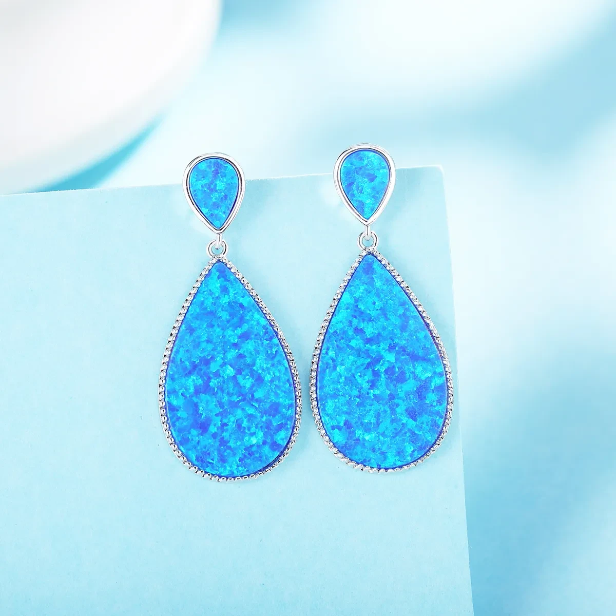 Pendientes de plata de ley con ópalo en forma de gota de piedra grande