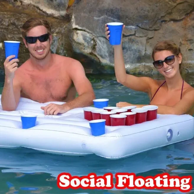 Colchón de aire para fiesta acuática, cubo de hielo, enfriador, portavasos, mesa de beer pong inflable, flotador de piscina