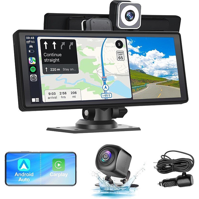 Navegador GPS para coche con pantalla táctil y cámara dual de 1026 pulgadas y Carplay
