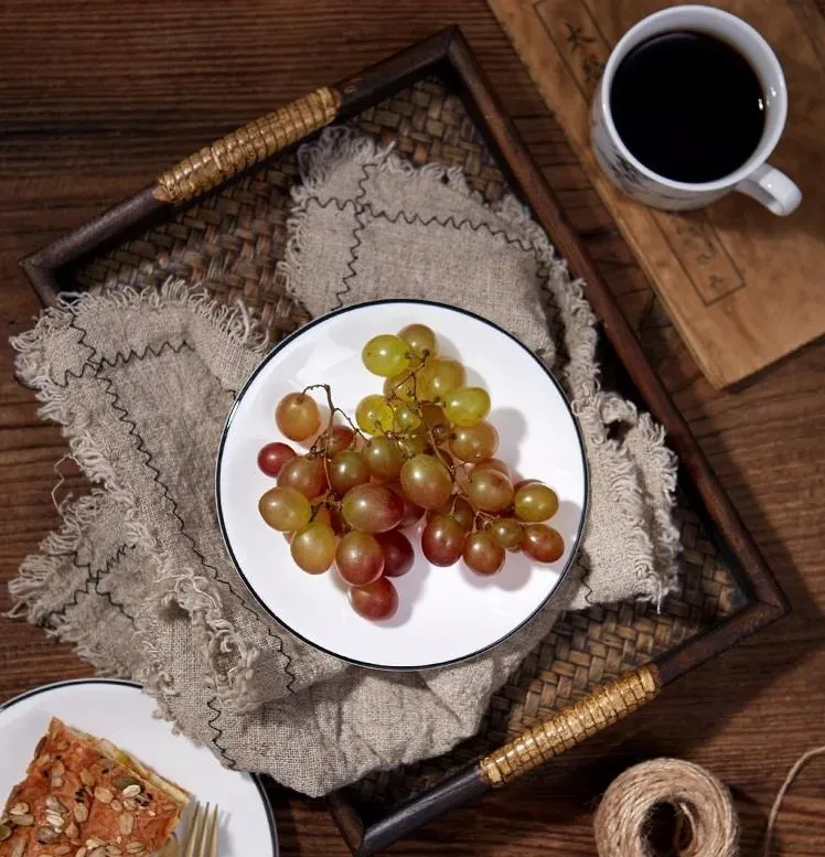 Plato de cena retro de madera hecho a mano con asa, plato de desayuno para agua, bandeja de té para cocina, juego de té