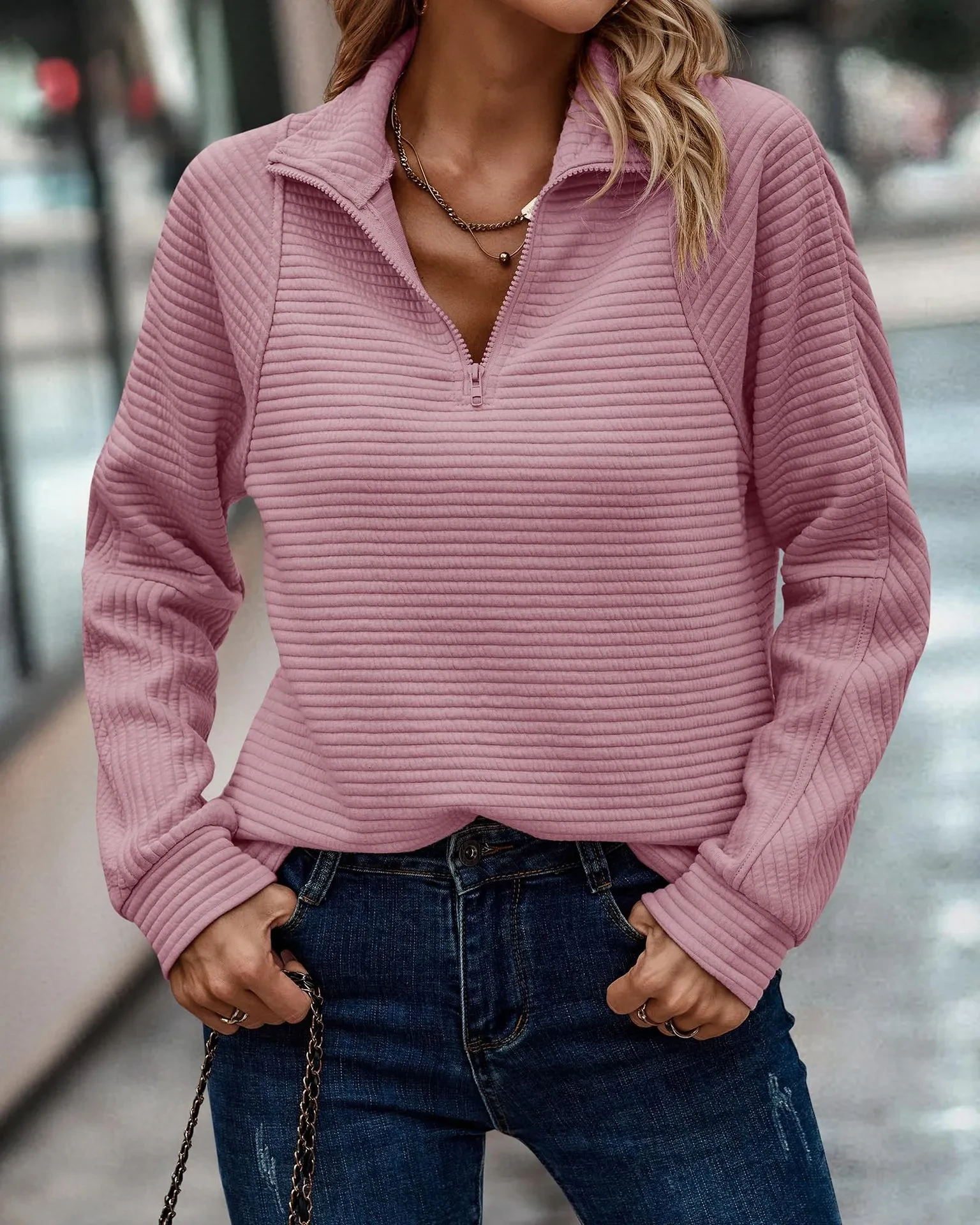 Sudadera con cuello alto y cremallera para mujer, jersey de moda de rayas lisas, manga larga, ropa de primavera y otoño