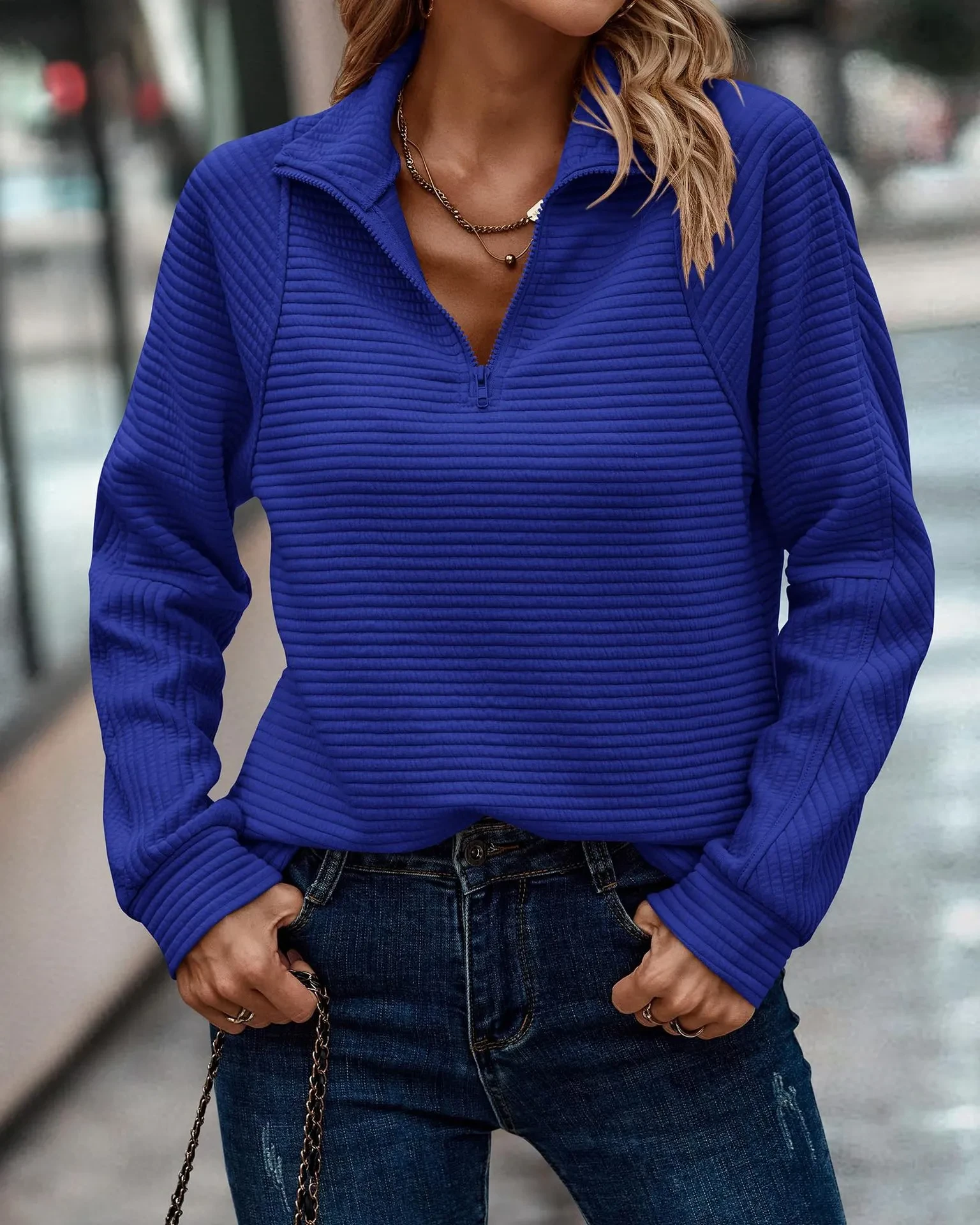 Sudadera con cuello alto y cremallera para mujer, jersey de moda de rayas lisas, manga larga, ropa de primavera y otoño