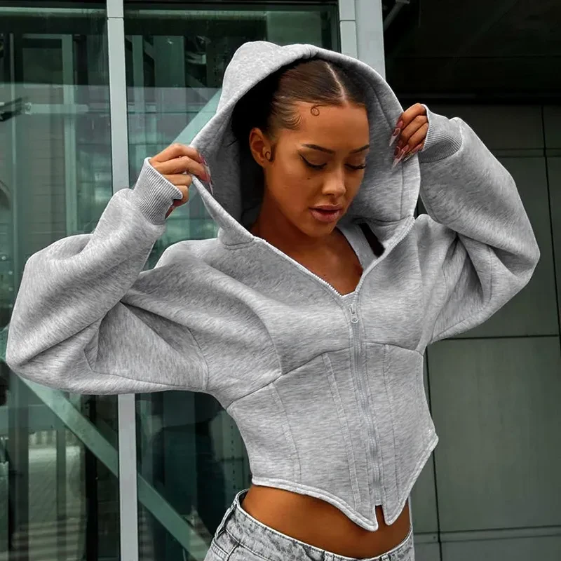 Chaqueta con capucha y cremallera Y2K Ins Fashion Street Chaqueta de corsé de manga larga Ropa de mujer