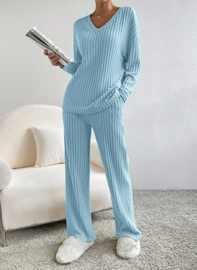 Traje de rayas lisas de moda con cuello en V, camiseta de manga larga y pantalones rectos casuales, ropa de mujer de temperamento holgado