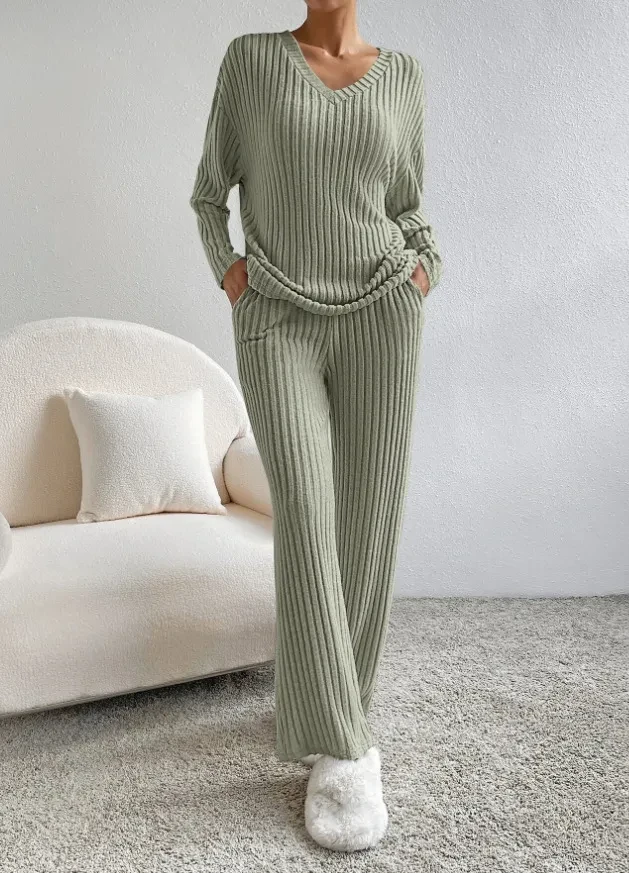 Traje de rayas lisas de moda con cuello en V, camiseta de manga larga y pantalones rectos casuales, ropa de mujer de temperamento holgado